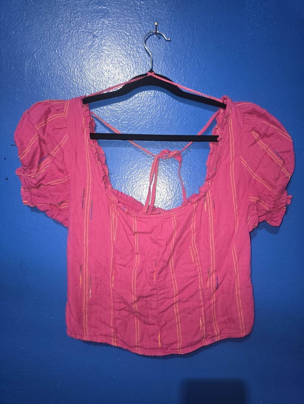 Free People  Serotonin Faux Corset Puff Sleeve Striped Top Size Small Preowned